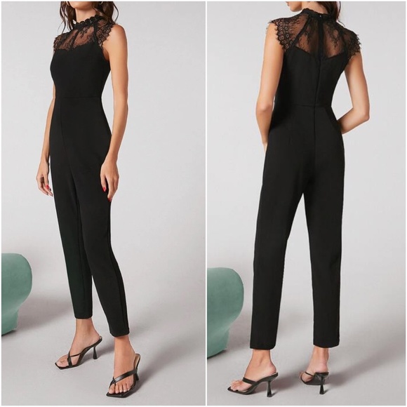 Solid Black Eyelash Lace Mock neck Jumpsuit - Picture 2 of 2
